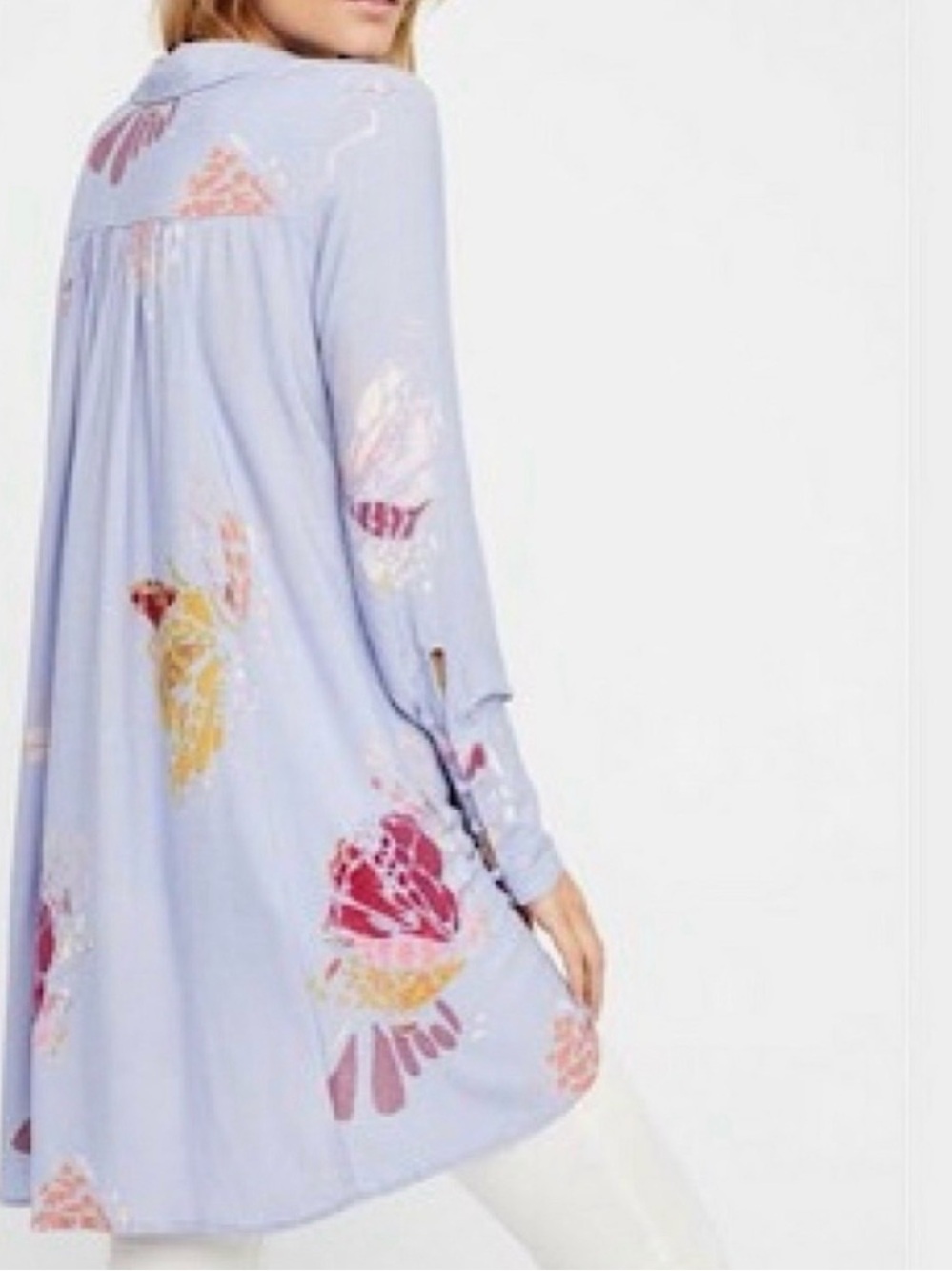 Free People Powder Blue Floral Tunic Mini Dress Medium Boho High Low - Picture 3 of 5